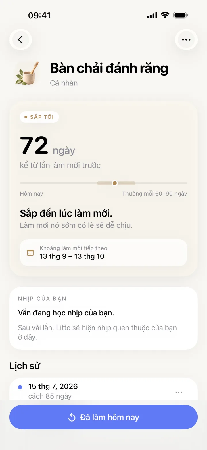 Màn hình chi tiết bàn chải đánh răng trong Litto: 72 ngày trên thanh nhịp 60 đến 90 ngày
