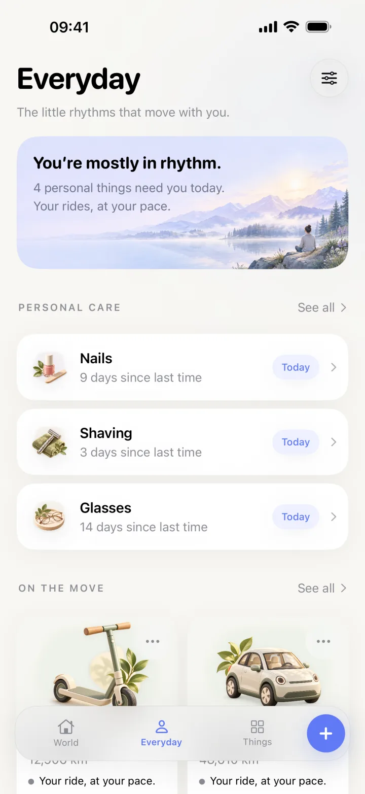 Litto Everyday screen with personal care cards and two vehicles