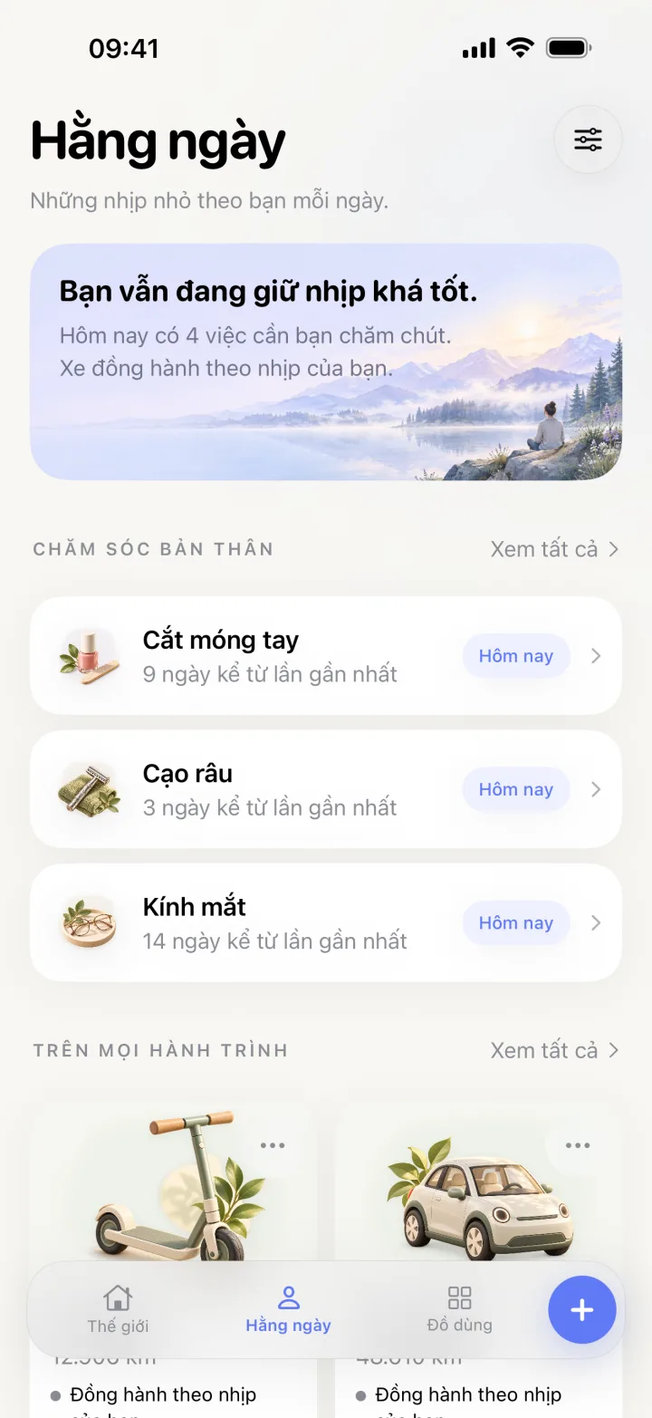 Màn hình Hằng ngày của Litto với các thẻ chăm sóc bản thân và hai chiếc xe