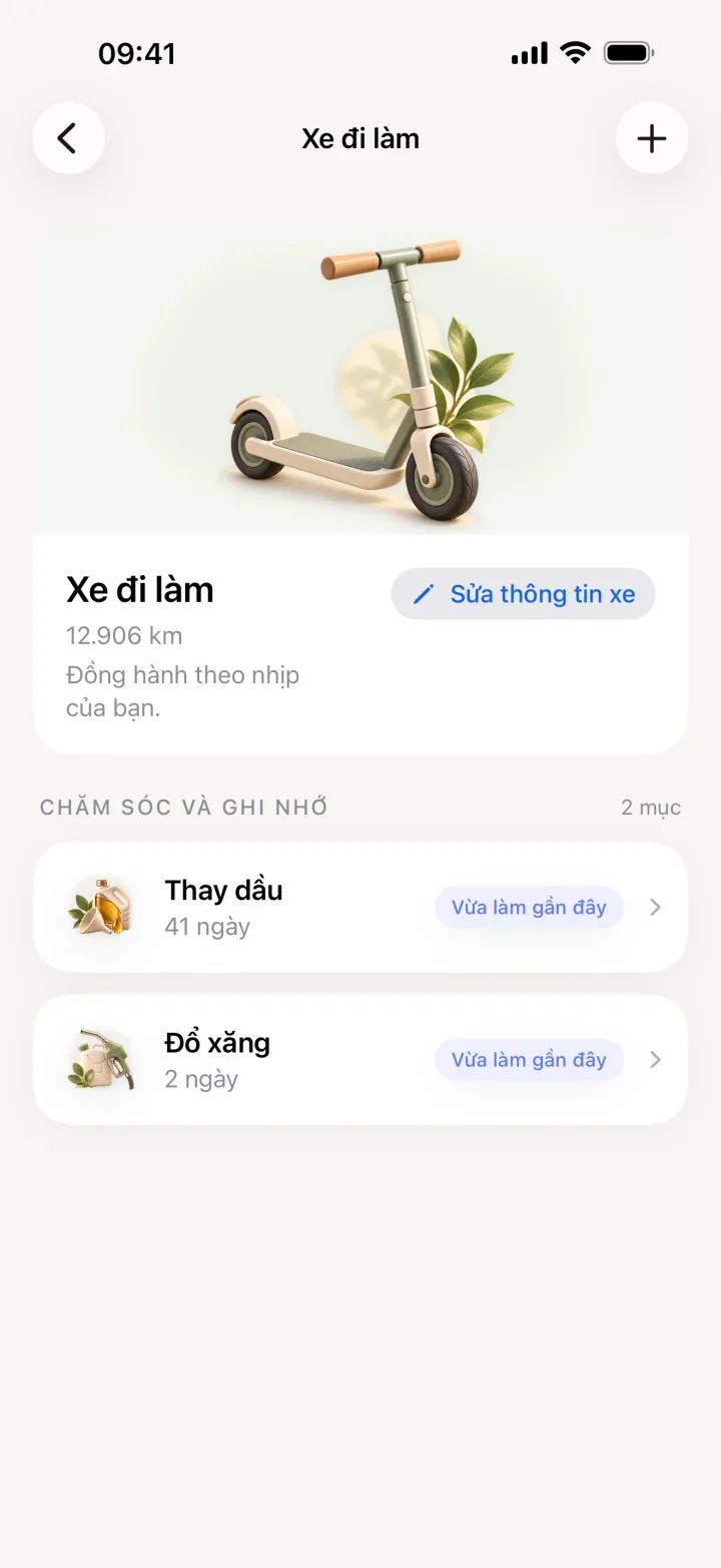 Màn hình xe trong Litto với lịch sử thay nhớt và đổ xăng