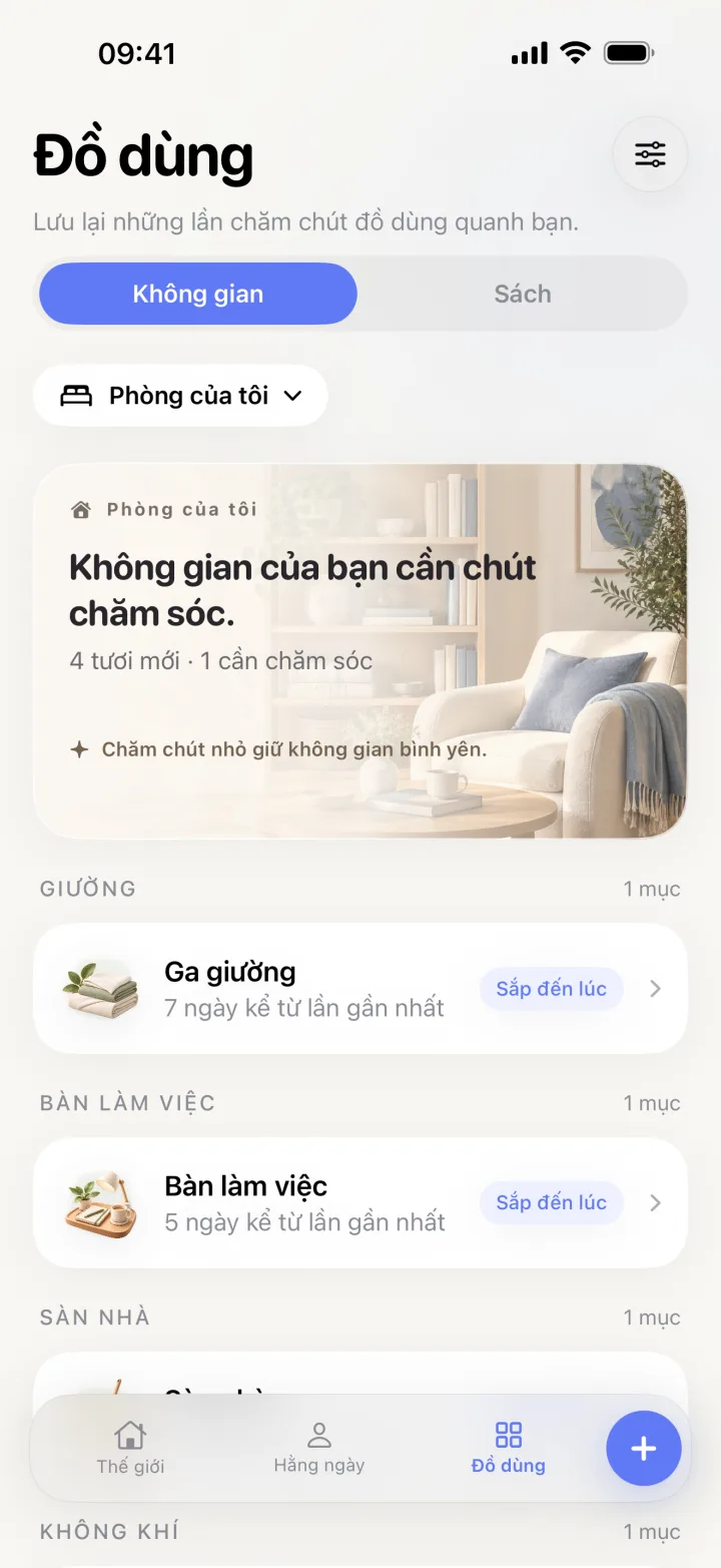 Màn hình Đồ dùng của Litto với tóm tắt căn phòng và các khu vực giường, bàn, sàn